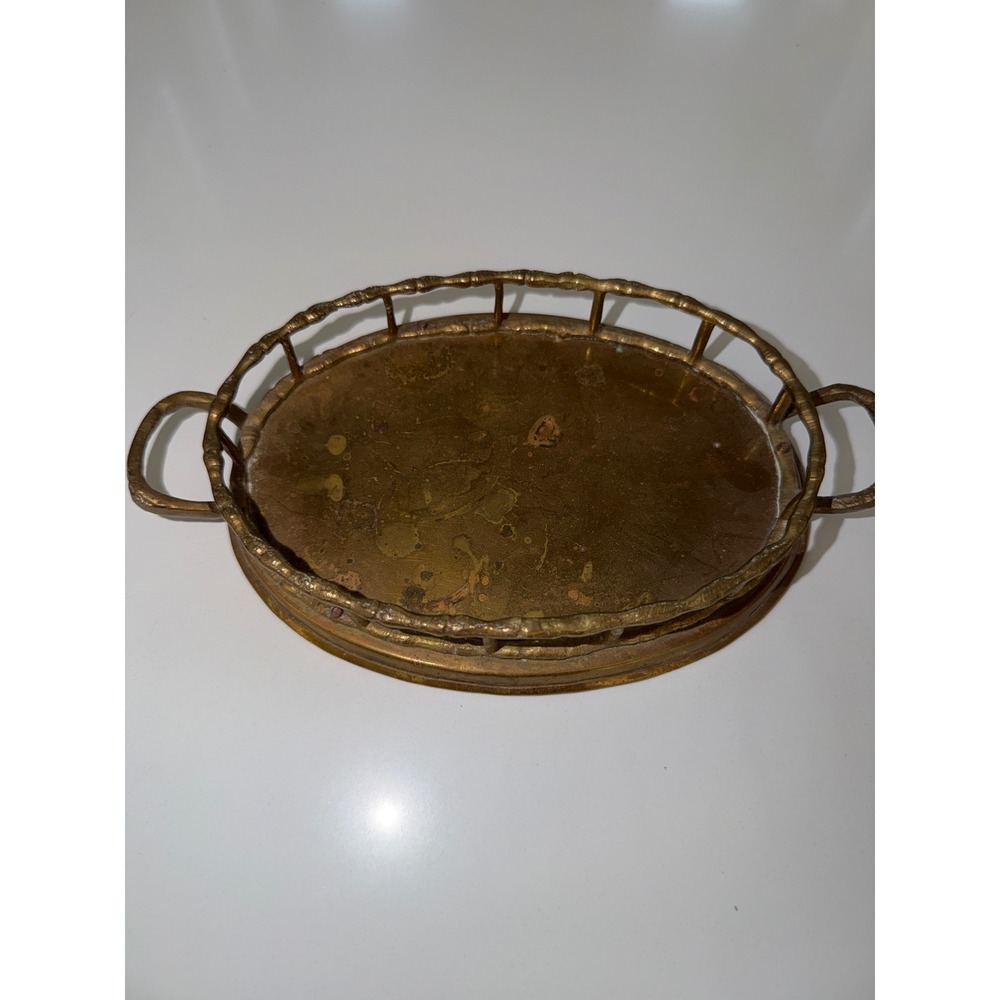 Vintage Brass Faux Bamboo Oval Vanity Tray with Handles Made in India Patina